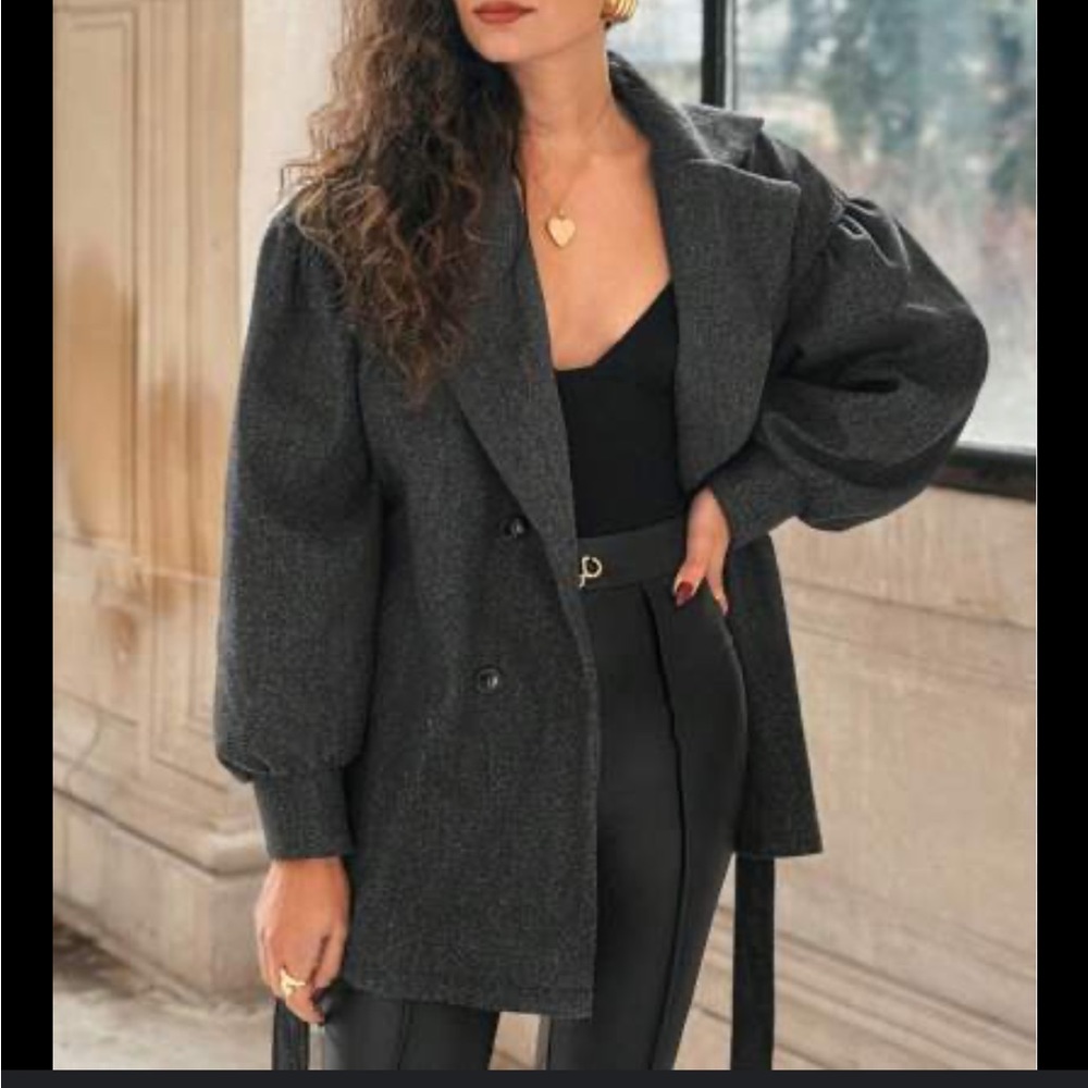 Gray collared puff sleeve belted tie belt jacket coat - Picture 2 of 4